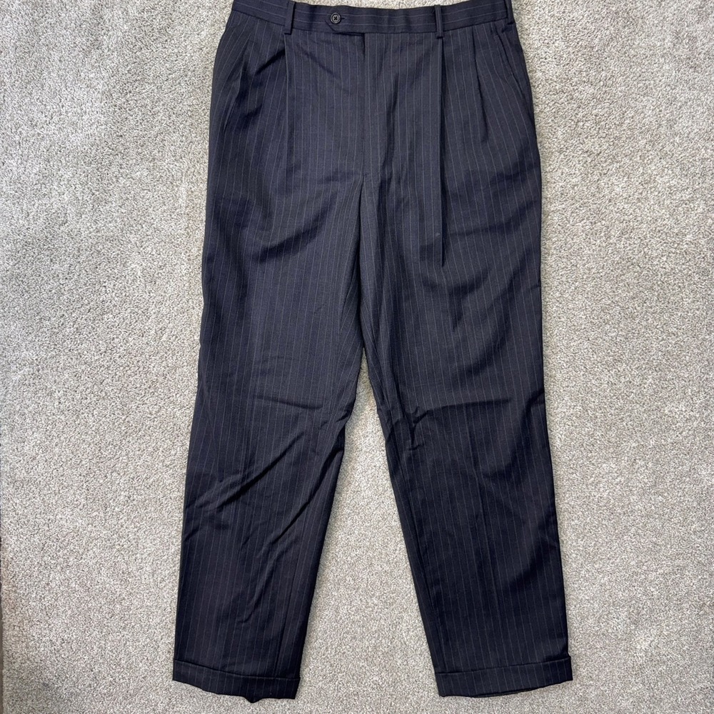 Brooks Brothers Wool Dress Pants Mens 36x31.5 Navy Blue Pinstripe Pleated EUC